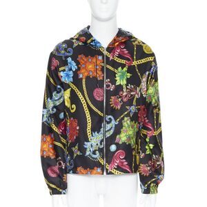 VERSACE 100% silk SS19 Vintage Jewel Floral Gold Chain hoodie jacket IT48 M